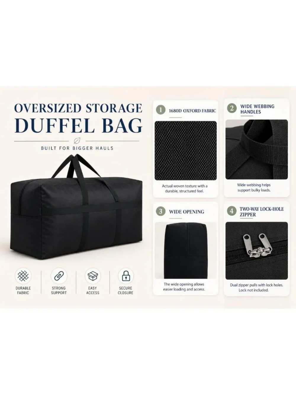 Extra Large Black Travel Duffle Bag - Oversized Storage for Weekend Getaways